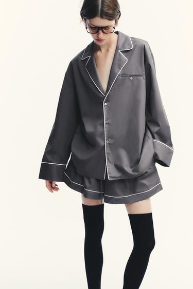 CHEMISE EN POPELINE LISERÉ - bleu pétrole délavé de Zara