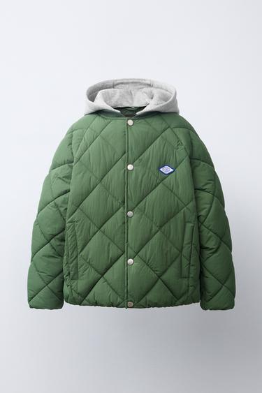 Zara EMBROIDERED QUILTED JACKET WITH DETACHABLE HOODIE - Ecru / Green