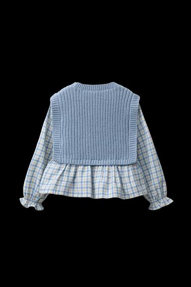 Zara EMBROIDERED KNIT VEST COMBINED GINGHAM SHIRT - Sky blue