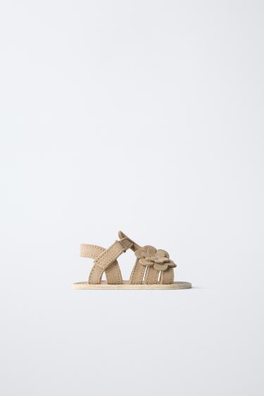 Zara FLORAL LEATHER SANDALS - Sandy Brown