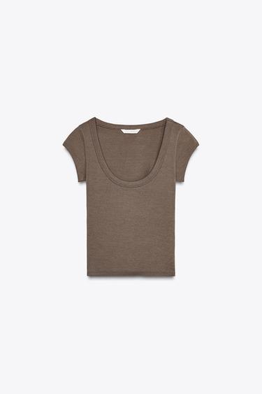 Zaras T-SHIRT MED RUND HALS - Brun/prick