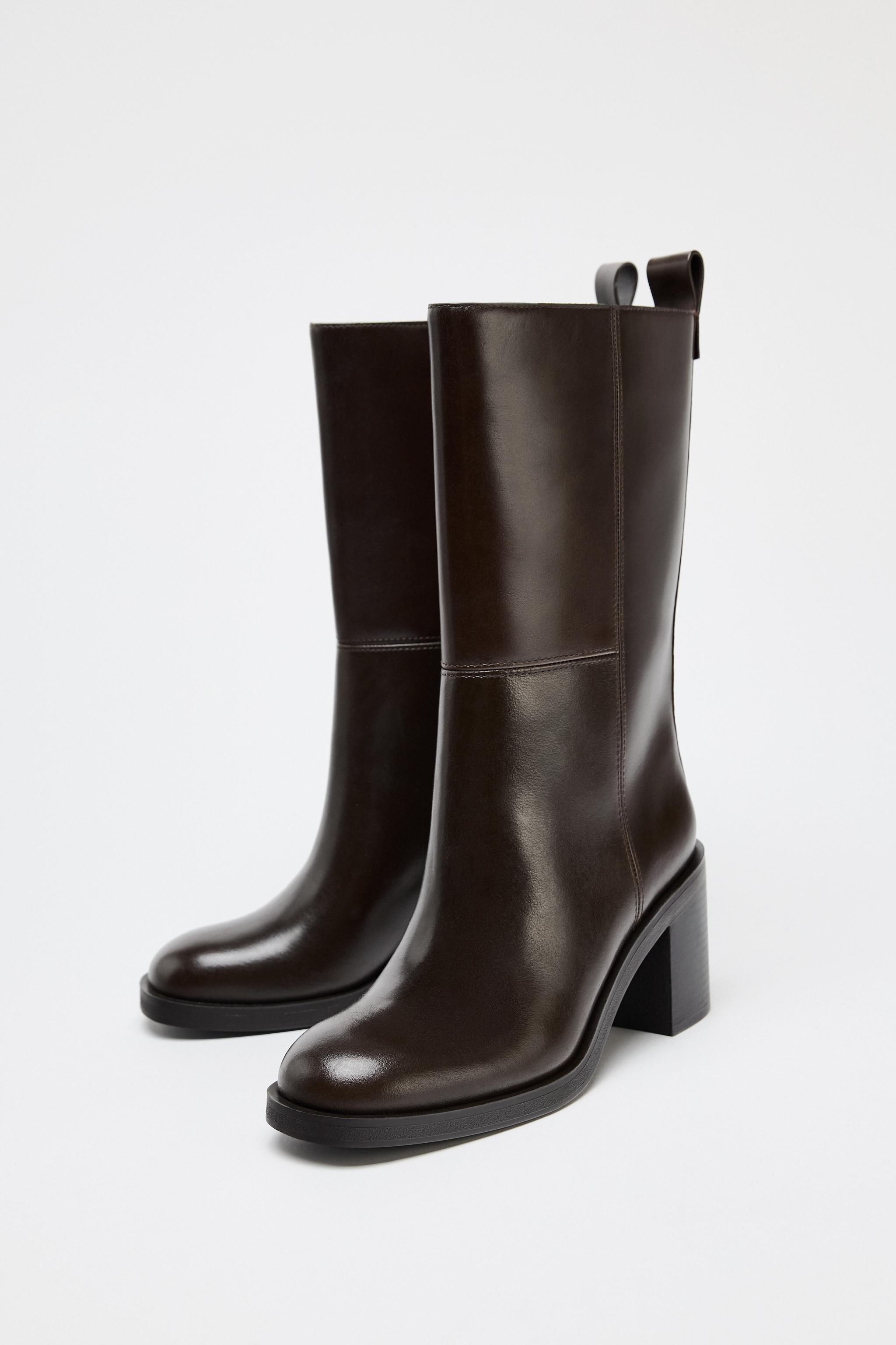 ZARA プルタブ付きレザーヒールブーツ 2007/510 プルタブ付きレザーヒールブーツ - チョコレートブラウン | ZARA