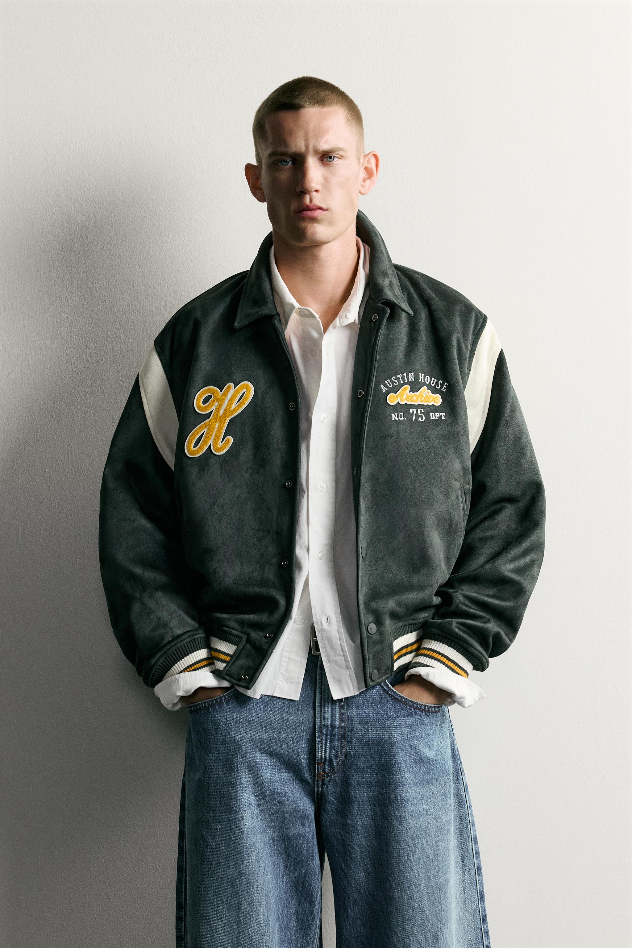FAUX SUEDE PATCH BOMBER JACKET — Green