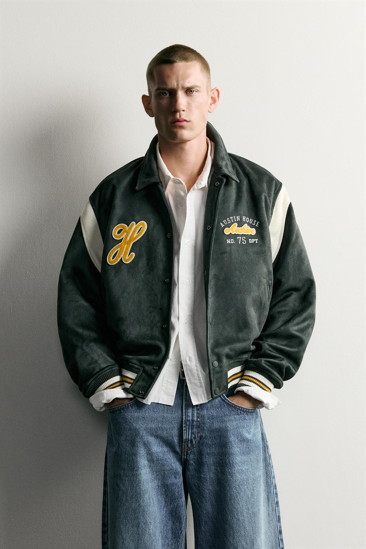 SUEDE-EFFECT PATCH BOMBER JACKET — Green
