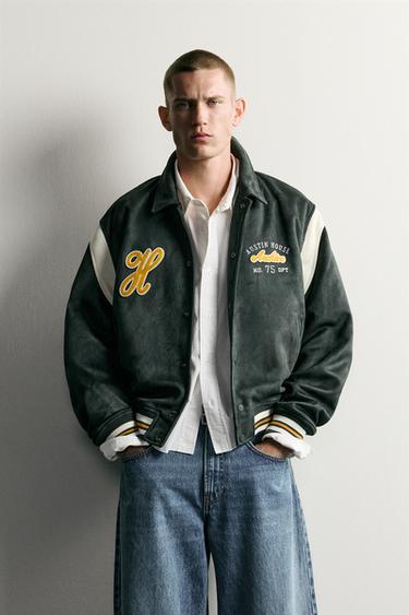 CAZADORA BOMBER EFECTO ANTE PARCHES - Verde de Zara