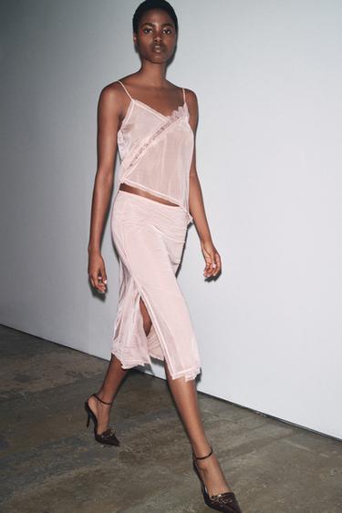 JUPE MI-LONGUE EN ORGANZA - Rose de Zara