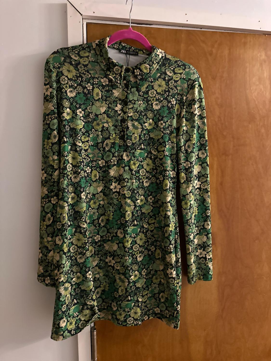 Green floral print long-sleeve shirt dress, hanging on a pink hanger on a wooden door. Text on label: ZARA.