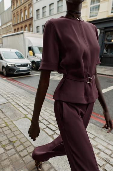 SHORT SLEEVE BELTED TOP - Aubergine by Zara