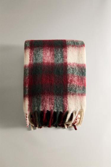 SOFT CHECK THROW WITH FRINGING - White / Red by Zara - Image 3