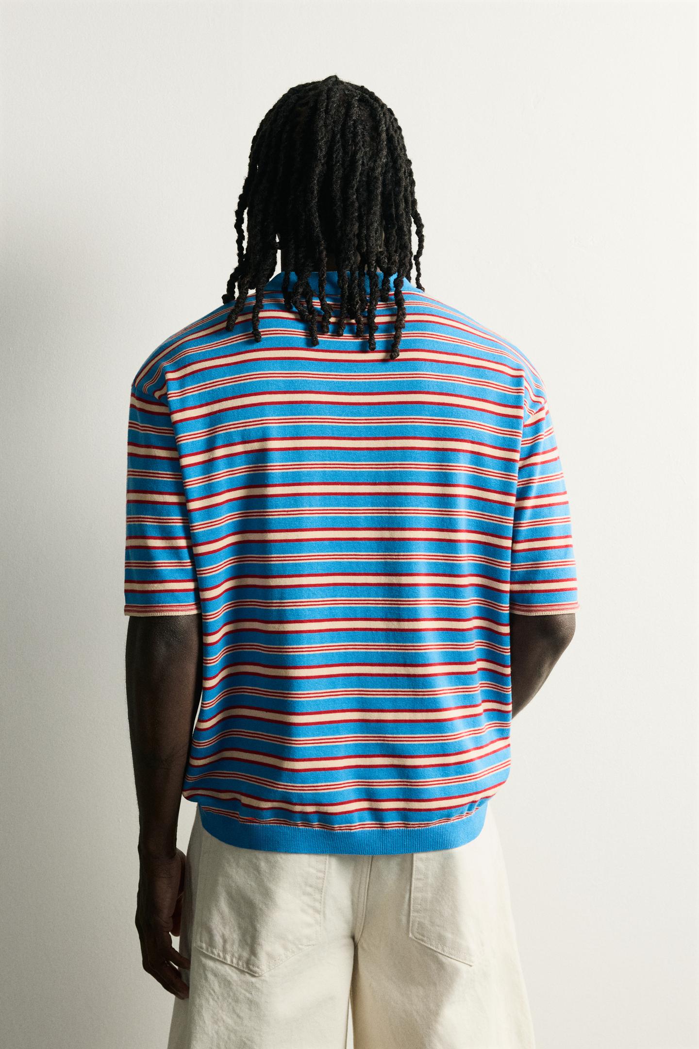 Мужское поло Zara Striped Jacquard Knit Polo, цвет: Светлый синий — фото 3
