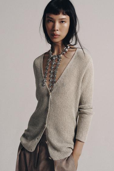 CHAQUETA PUNTO ESCOTE PICO - Beige claro de Zara