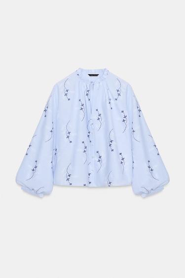 Zara EMBROIDERED PRINT BLOUSE - Blue / White