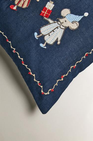 CHILDREN'S CHRISTMAS MICE CUSHION COVER - Blue by Zara - Image 1