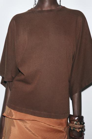 Zara WASHED CAPE SLEEVE T-SHIRT - Brown