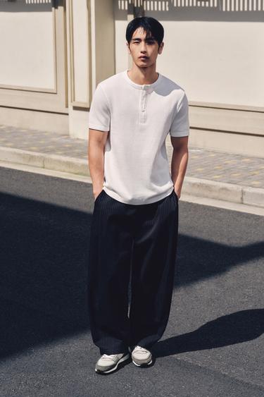 Zara 紋理鈕扣領T恤 - 白色