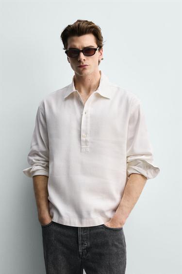 Zara COTTON - LINEN POLO SHIRT - Ecru