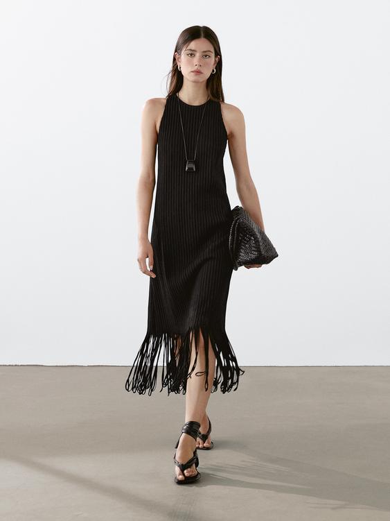 Textured knit dress with fringed hem