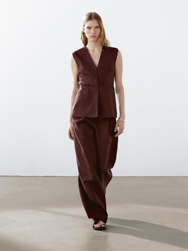 Zara Long 100% linen waistcoat with ribbons - various