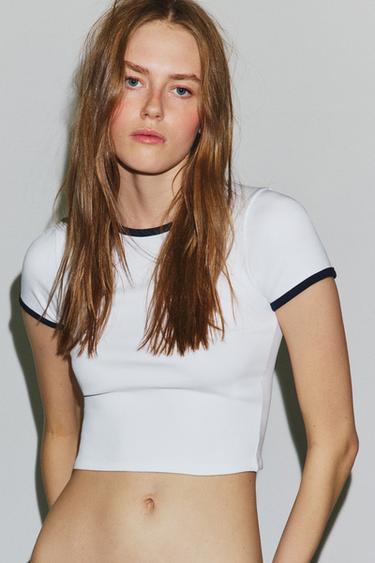 Zara CONTRAST TRIM T-SHIRT - White