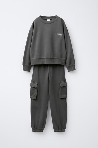 Zara 貼紙標籤運動衫和工裝束口褲套裝 - 中灰色