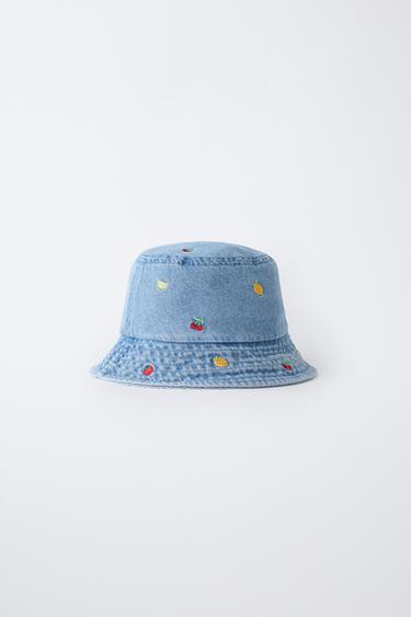 Zaras BUCKETMÖSSA I DENIM MED BLOMBRODYR - Blå