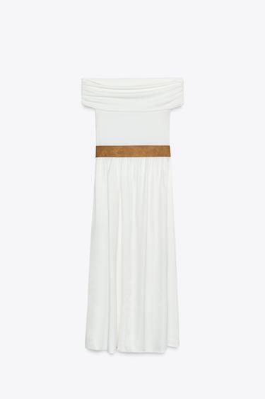 OFF-THE-SHOULDER CONTRAST MIDI DRESS WITH BELT - Ecru by Zara - Image 8