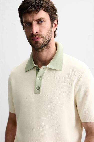 CONTRAST KNIT POLO SHIRT - Ecru / Green by Zara