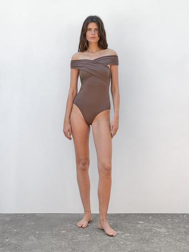 Zara Bandeau swimsuit with criss-cross straps - Black gold - Image 0