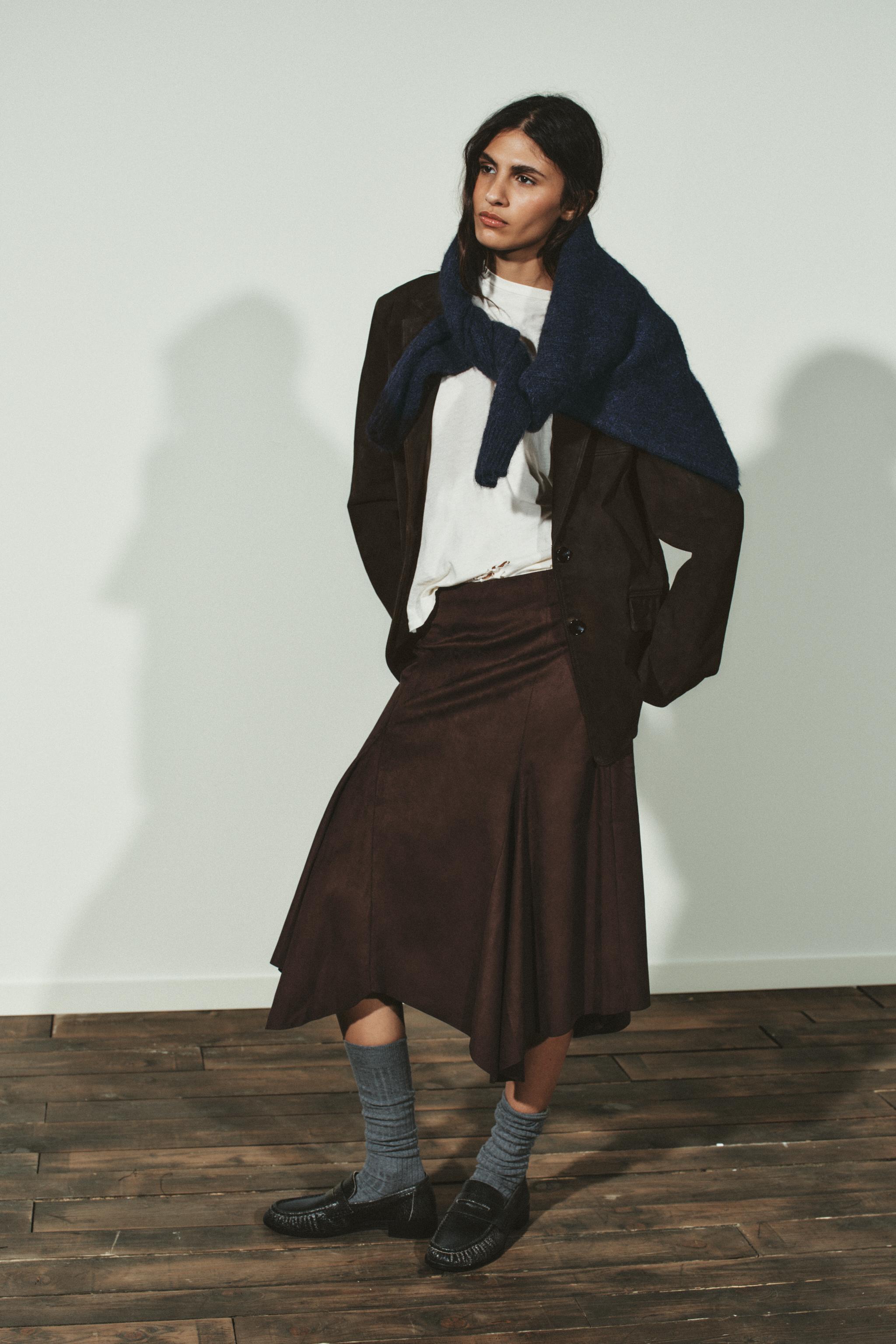 ASYMMETRIC FAUX SUEDE MIDI SKIRT