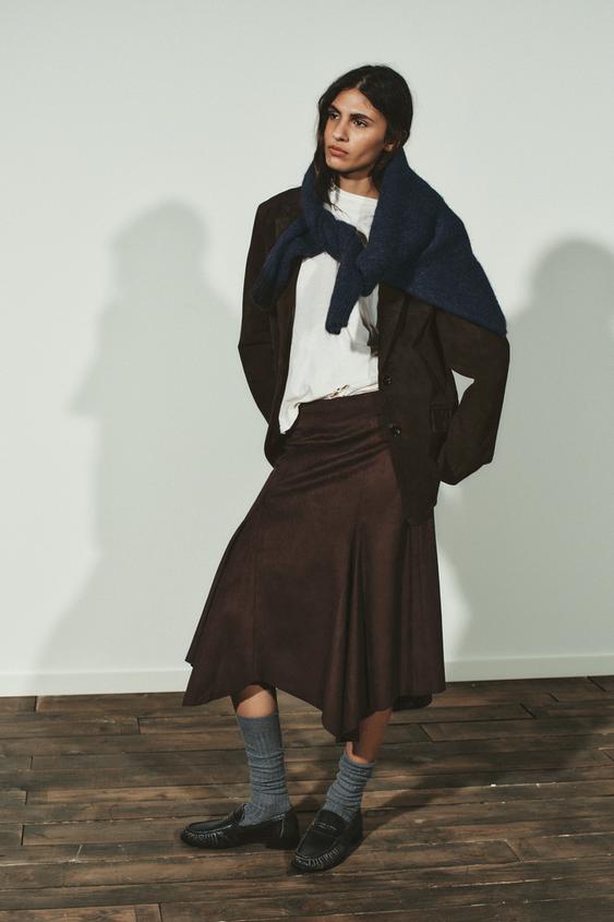 ASYMMETRIC FAUX SUEDE MIDI SKIRT