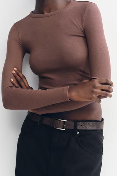 COTTON MODAL LONG SLEEVE T-SHIRT - Brown / Taupe by Zara