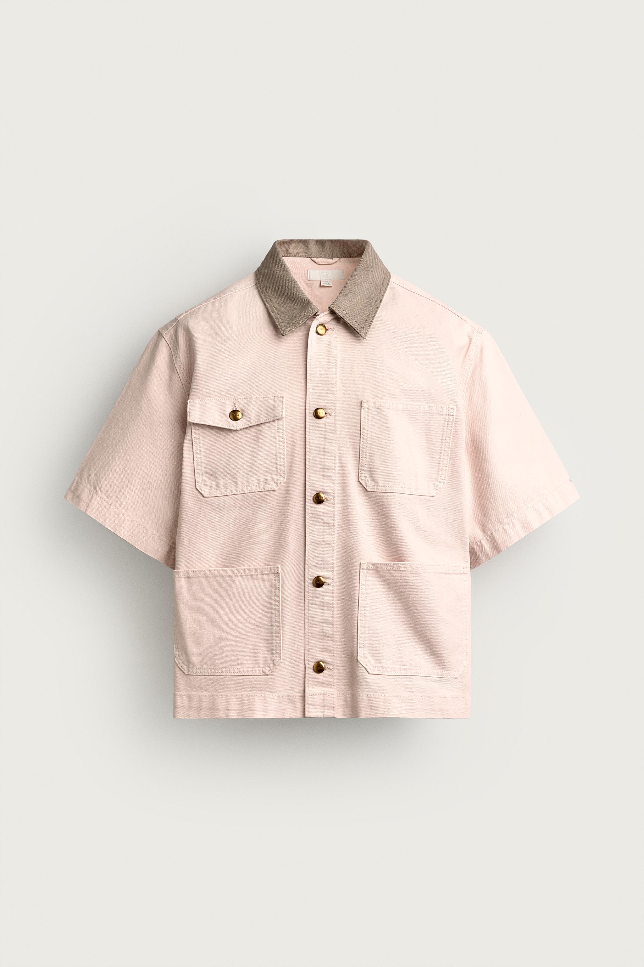 CONTRAST COLLAR SHORT SLEEVE OVERSHIRT — Pink