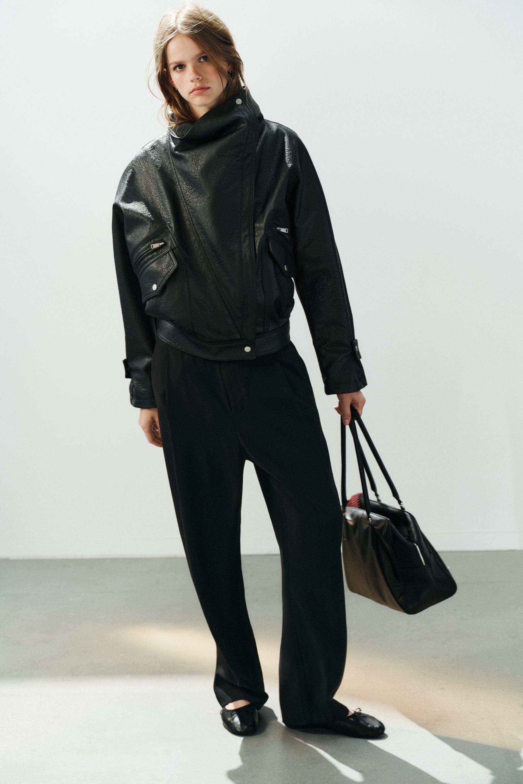 LEATHER EFFECT BIKER JACKET — Black