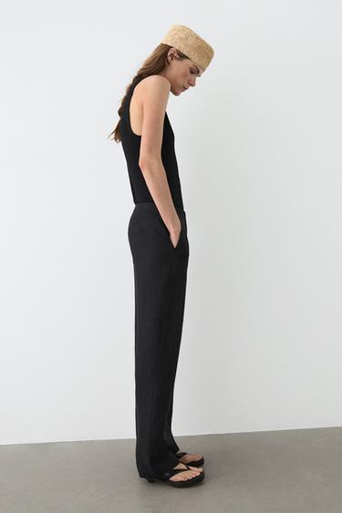 Pantalon fluide droit en lin - Noir de Zara