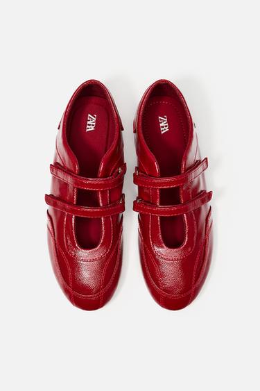 Zara PATENT DOUBLE STRAP BALLET FLATS - Red