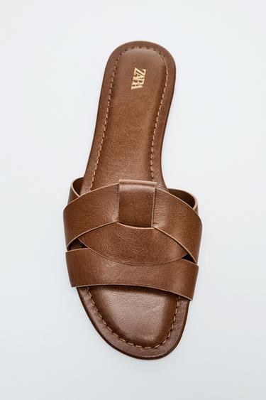 FLAT LEATHER CRISS-CROSS SANDALS - Brown by Zara
