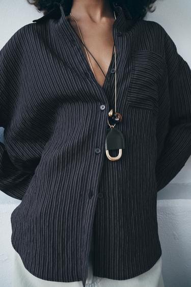 STRIPED FLOWING SHIRT ZW COLLECTION - Navy blue by Zara - Image 3