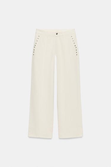 LOW-RISE EYELET STRAIGHT-LEG TROUSERS - Oyster-white by Zara - Image 7