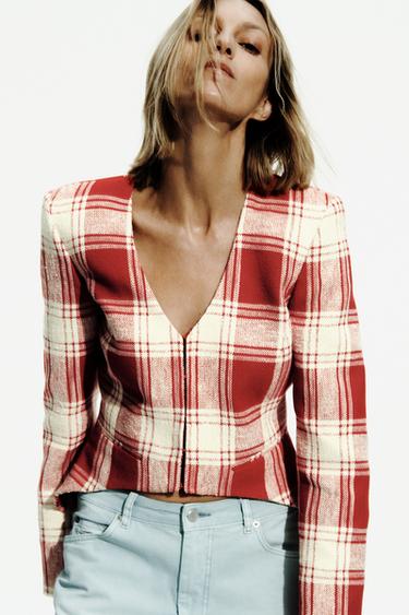 Zara FITTED PLAID JACKET ZW COLLECTION - White / Red