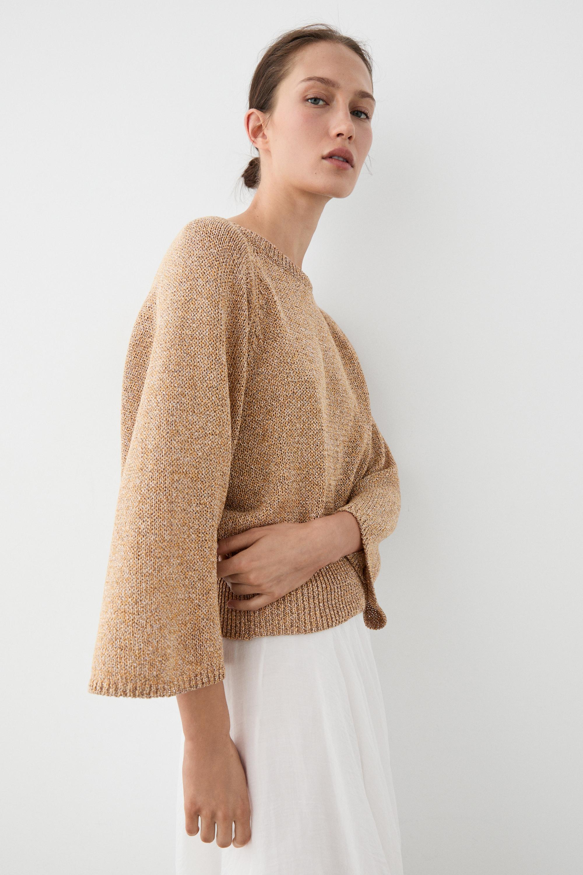 Cotton blend heathered knit sweater — Tobacco