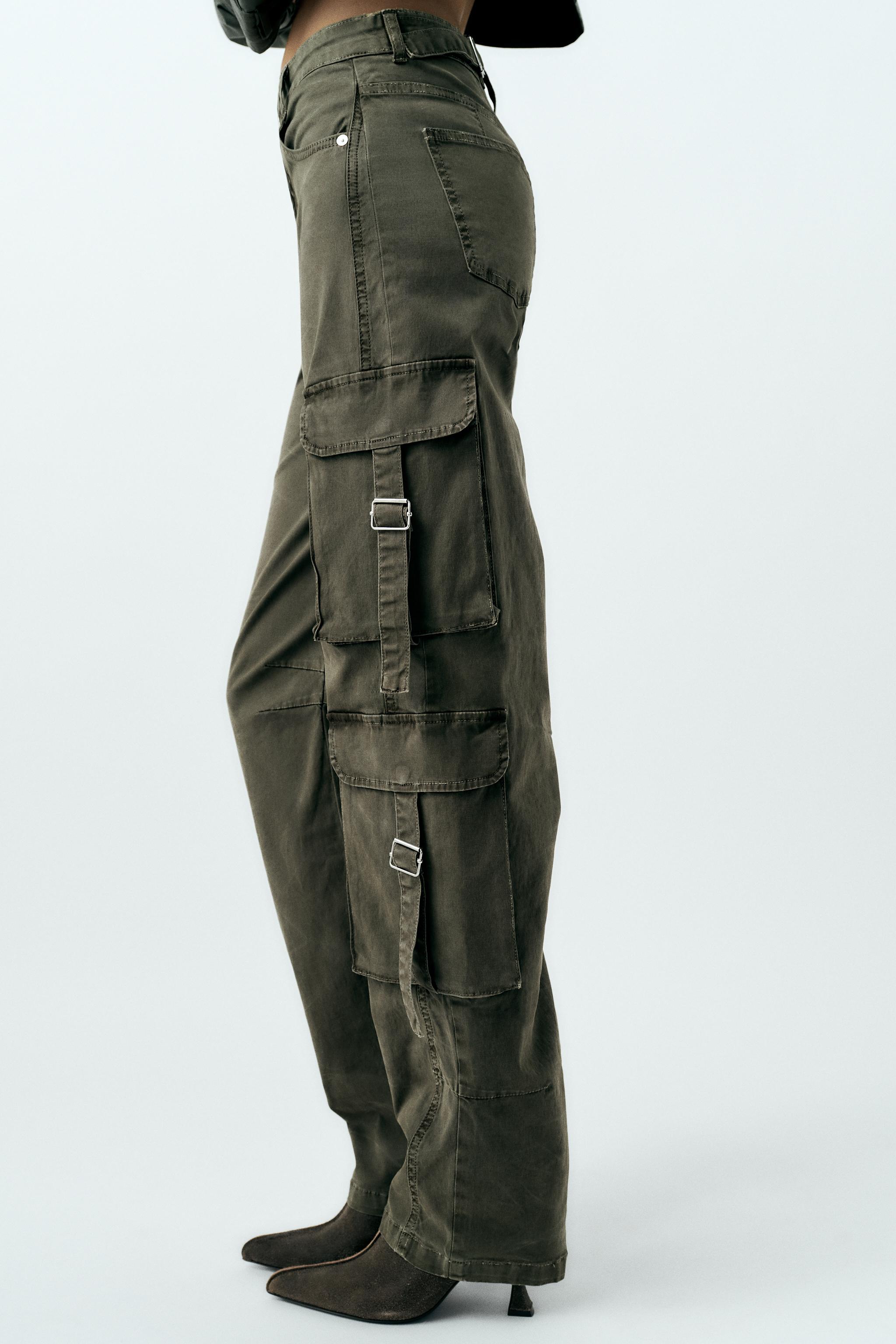 Zara Pants Women's XL Beige Cargo Straight Leg High Rise Button