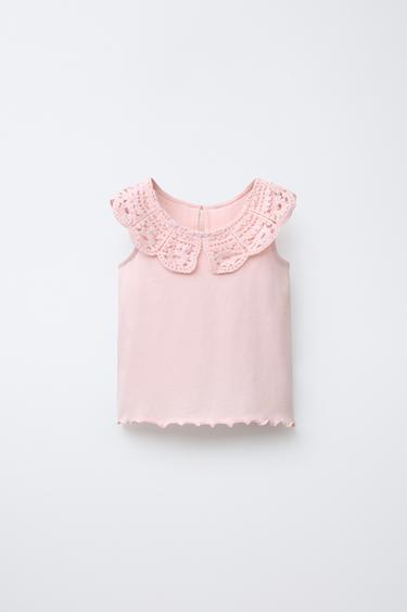 Zara CROCHET COLLAR T-SHIRT - Pink