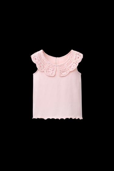 T-SHIRT MIT HÄKELKRAGEN - Rosa von Zara - Bild 0