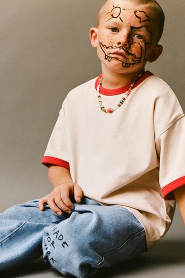 Zara CONTRAST TRIM T-SHIRT - Mid-ecru