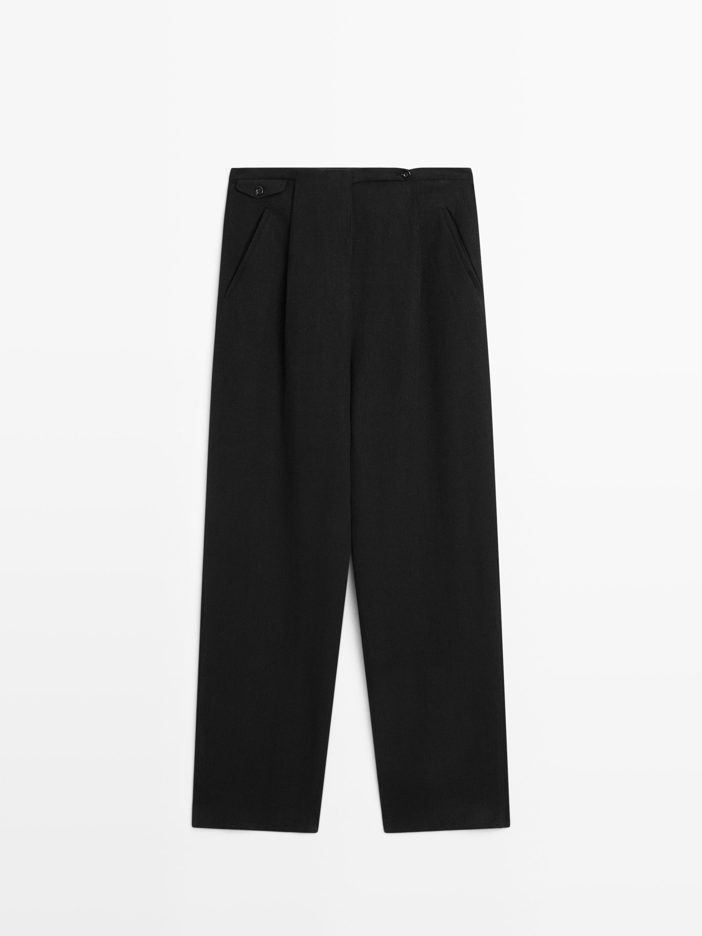 Flowing linen blend trousers with pocket details — Black