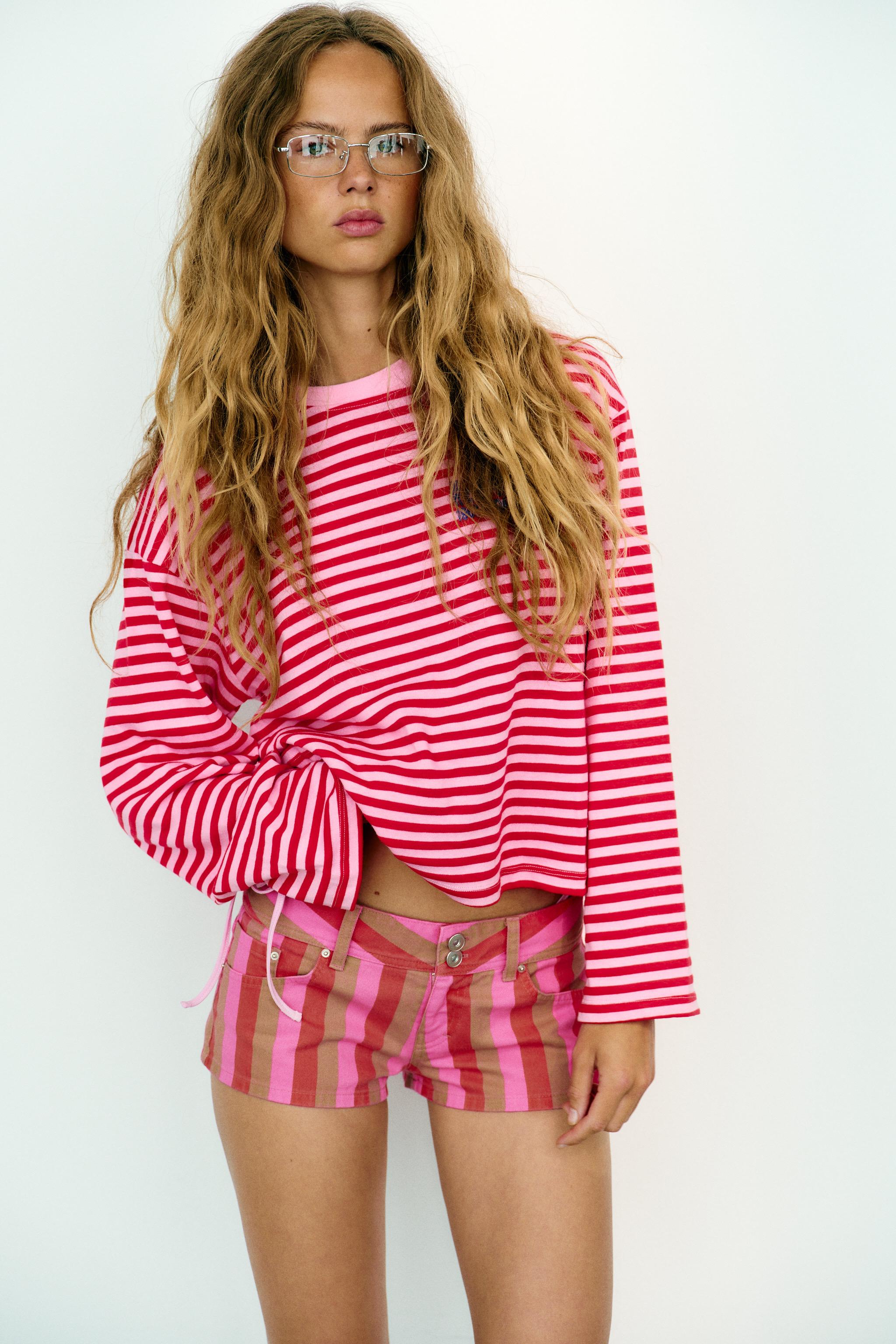 STRIPED TEXT T-SHIRT — Pink