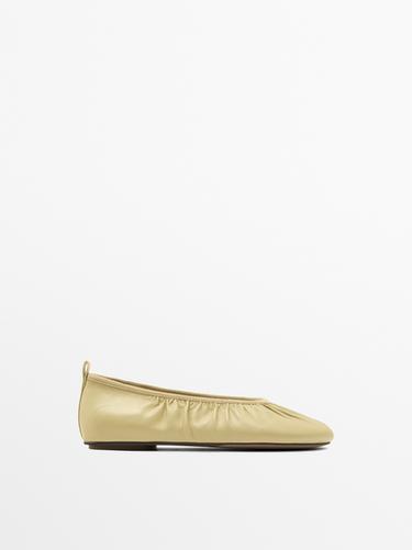 Zara Soft leather ballet flats with gathered detail - Vanilla Yellow