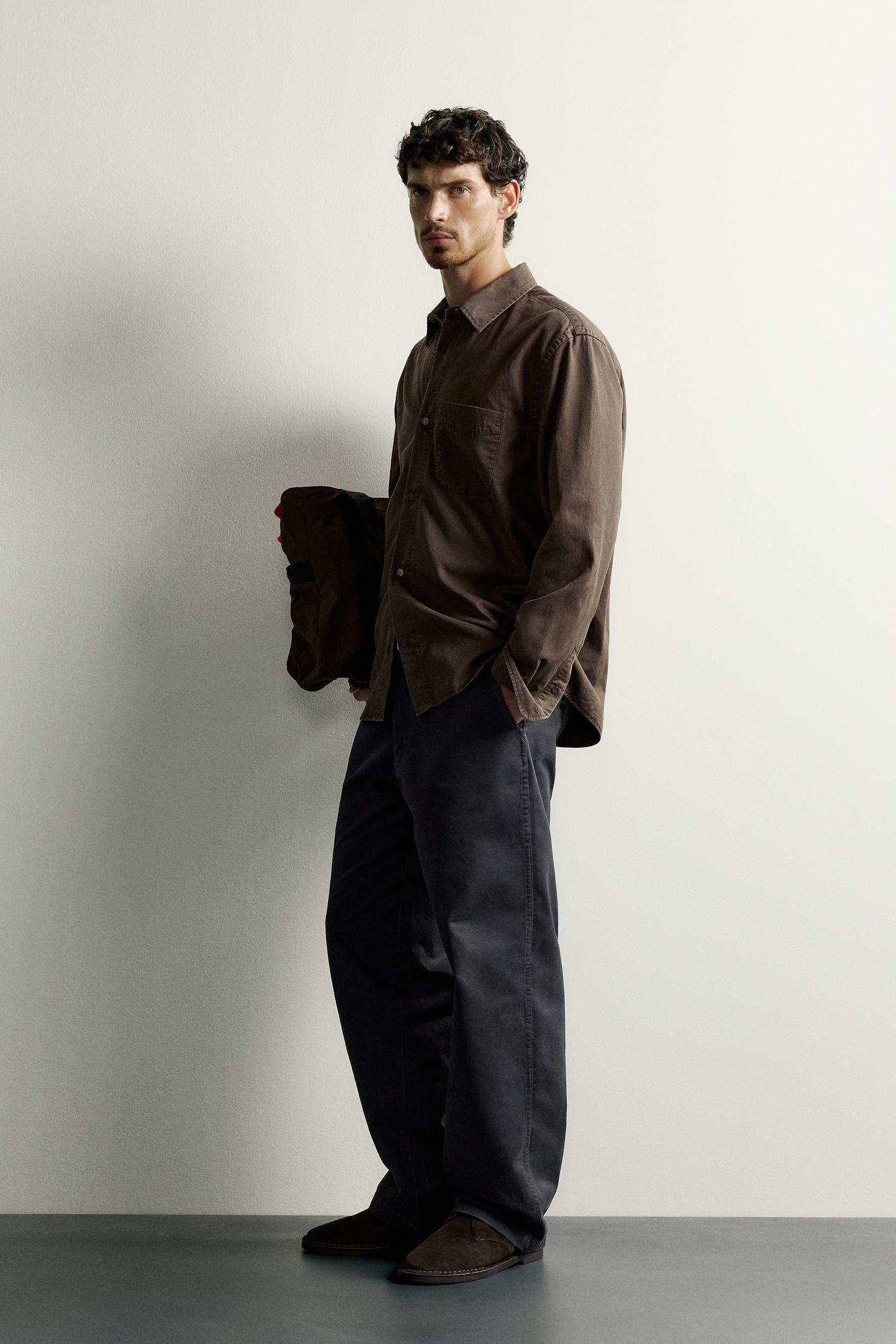 Мужская рубашка Zara Lyocell-Cotton Regular Fit, цвет: Тёмный коричневый — фото 4