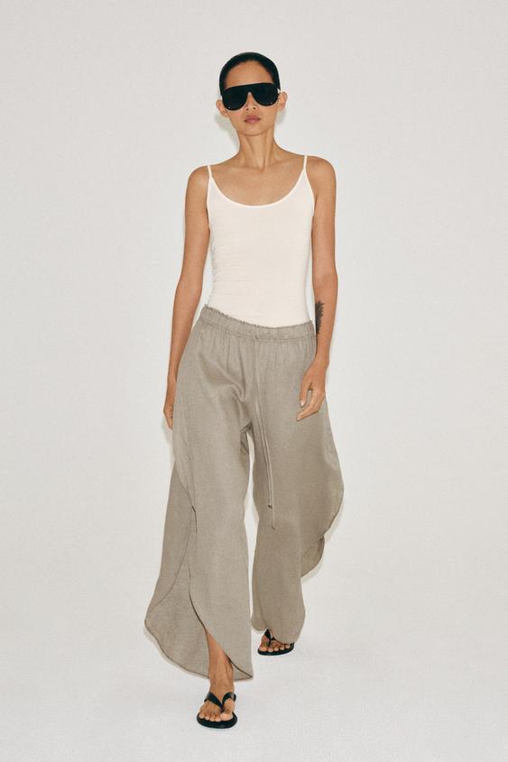 PANTALÓN LINO 100% ABERTURAS ZW COLLECTION - Marrón / Topo de Zara - Imagen 0