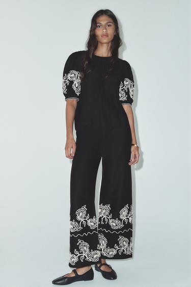 ZW COLLECTION EMBROIDERED LINEN BLEND TOP - Black by Zara